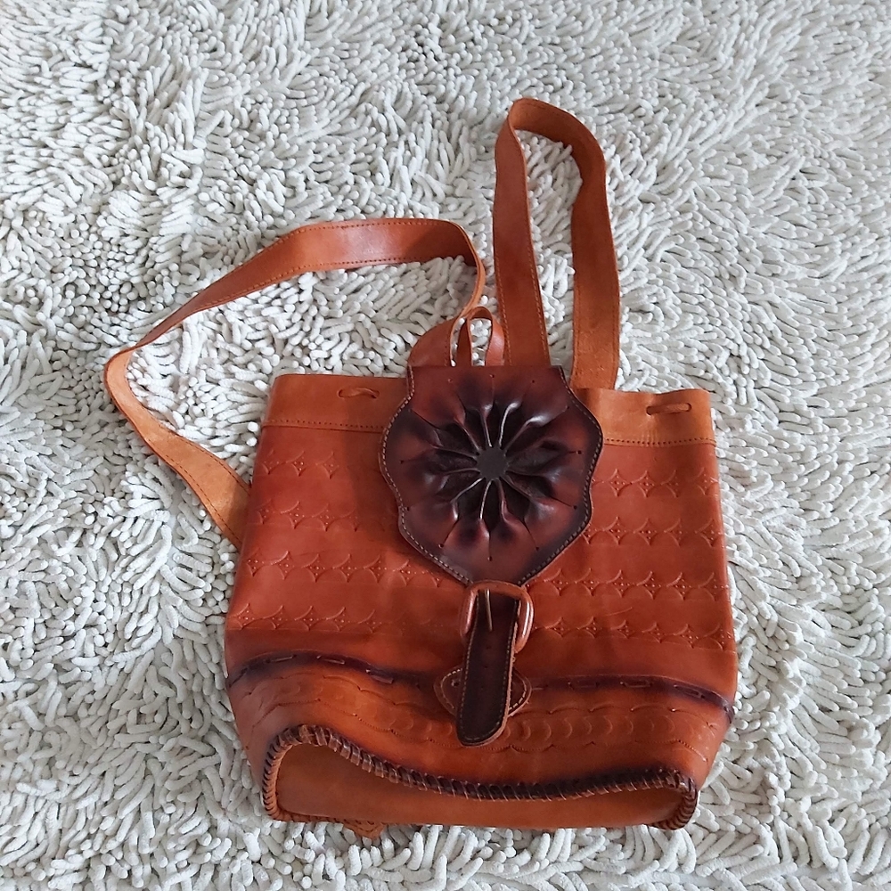 Unbranded brown tooled leather backpack